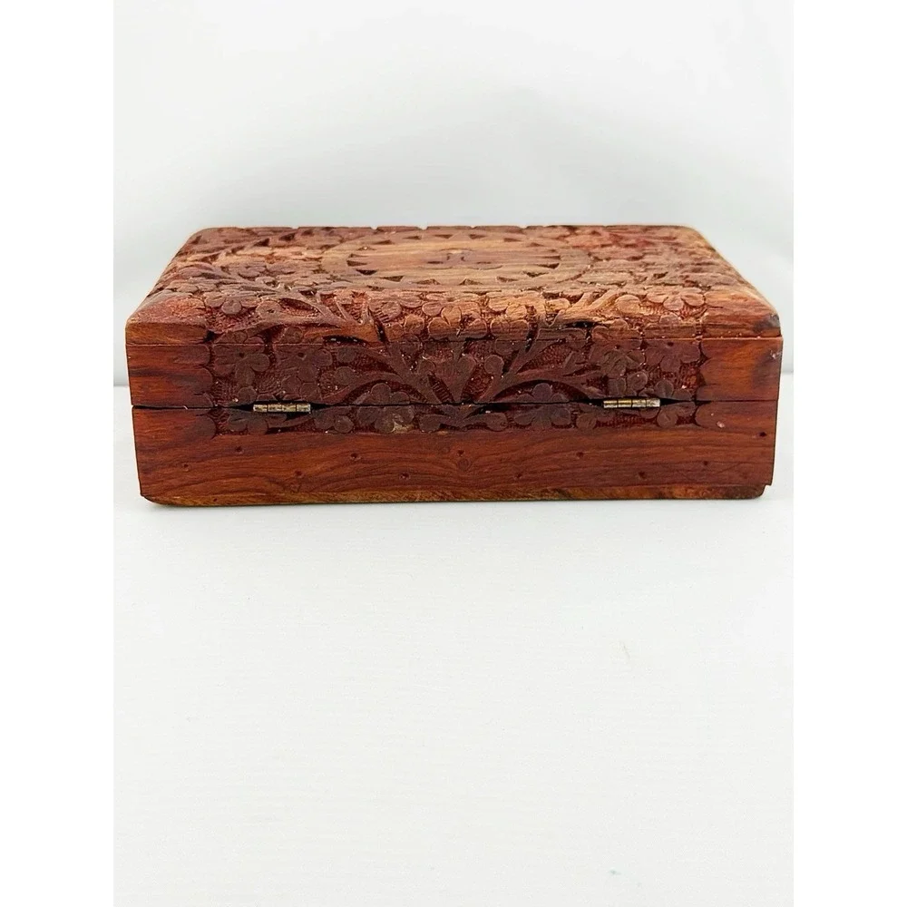 Vintage 1990's Wooden Jewelry Box Featuring A Sun & Floral Design.